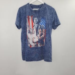 Karl Ferris Collection Jimi Hendrix Flag Banner Graphic Band Tee Shirt Blue